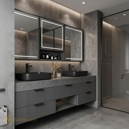 60''-96'' Double Bathroom Vanity with Sink Grey Stone Ribbed Panels Central Shelf