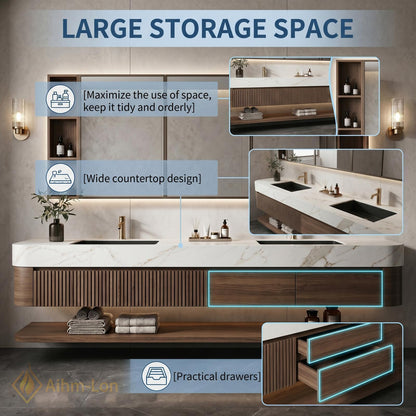 60''-96'' Double Bathroom Vanity with Sink Modern Floating Dark Walnut Fluted Panels