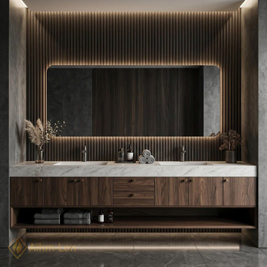 76''-96'' Double Bathroom Vanity with Sink Dark-Walnut Slatted-Panel Elegant Finish