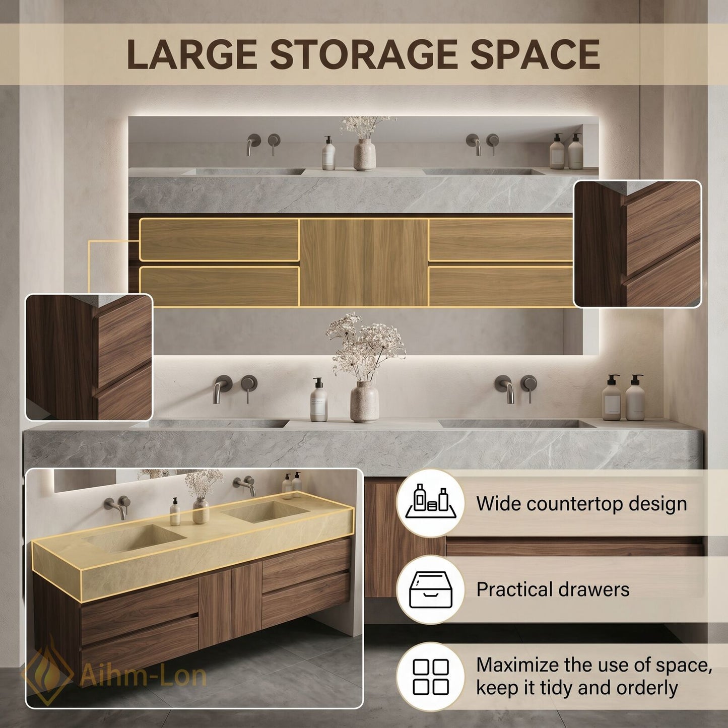 60''-96'' Double Bathroom Vanity with Sink Floating Storage Drawers Large Marble Texture