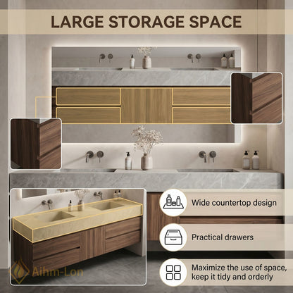 60''-96'' Double Bathroom Vanity with Sink Floating Storage Drawers Large Marble Texture