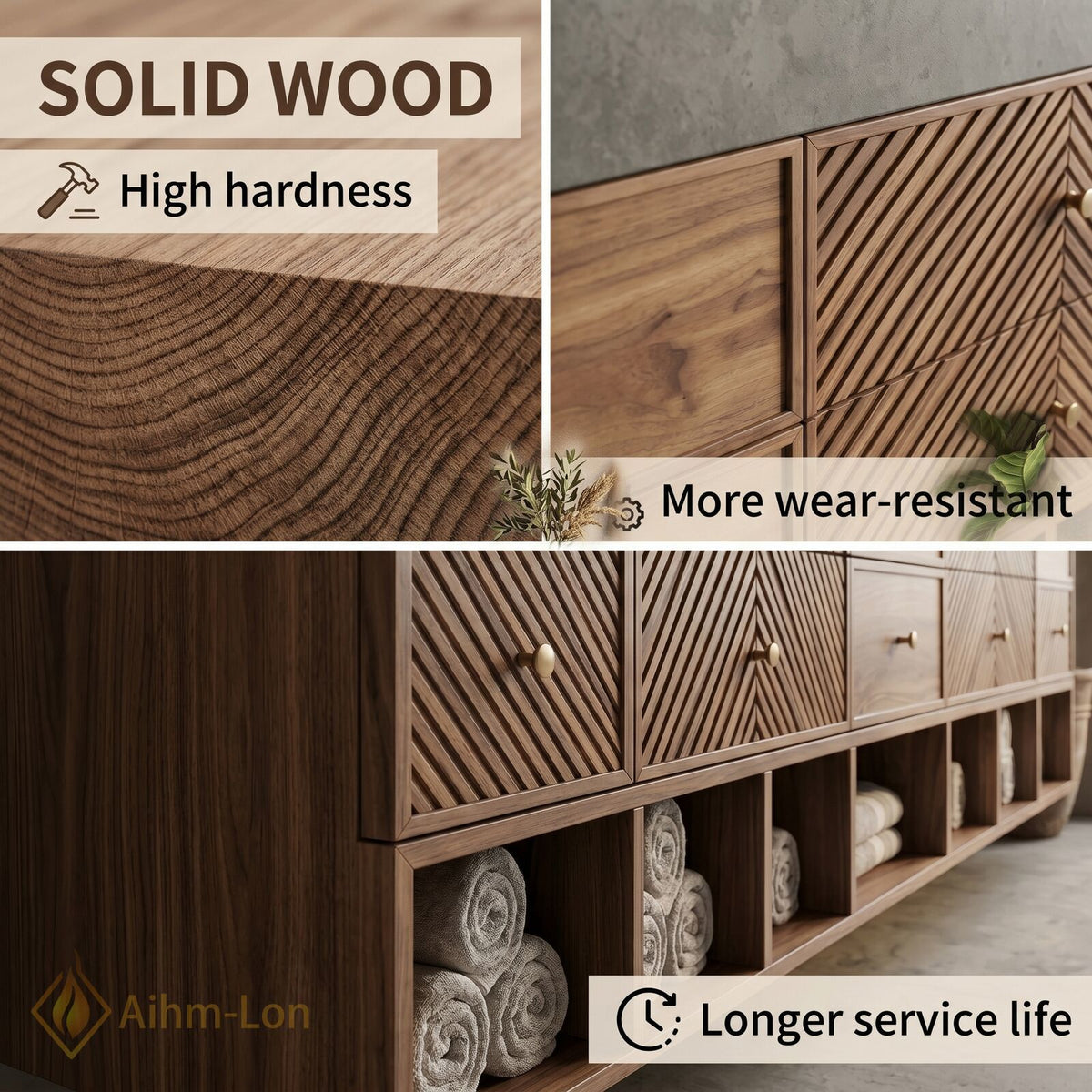 78''-96'' Double Bathroom Vanity with Sink Geometric Wood Panels Dark Stone Top