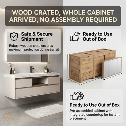 36''-64'' Modern Bathroom Vanity with Sink Marble Top Floating Drawers Central Shelf