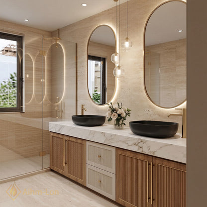 60''-96'' Double Bathroom Vanity with Sink Fluted Wooden Doors White Marble Top