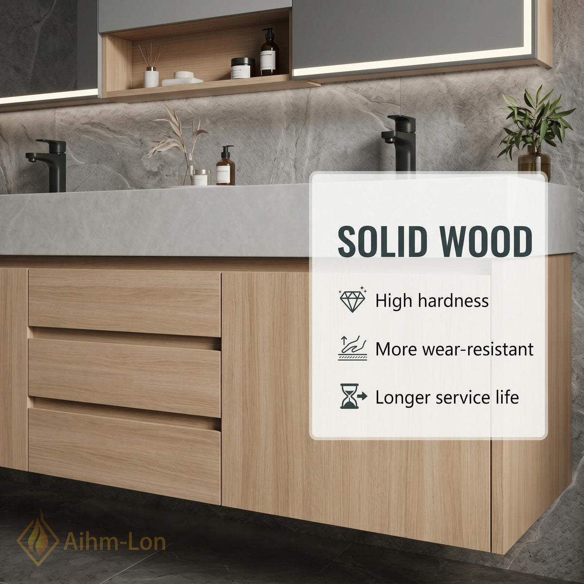 60''-96'' Bathroom Vanity with Sink Modern Floating Natural Oak Grain Countertop