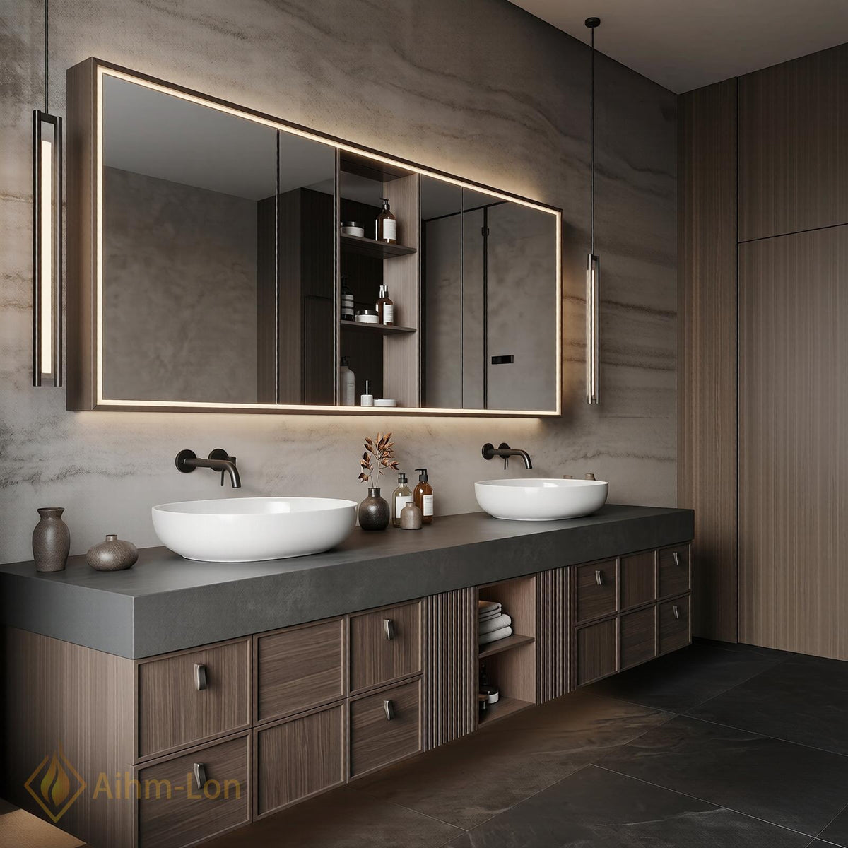 60''-96'' Double Bathroom Vanity with Sink Floating Slatted Panel Dark Walnut Finish