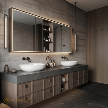 60''-96'' Double Bathroom Vanity with Sink Floating Slatted Panel Dark Walnut Finish