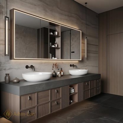 60''-96'' Double Bathroom Vanity with Sink Floating Slatted Panel Dark Walnut Finish