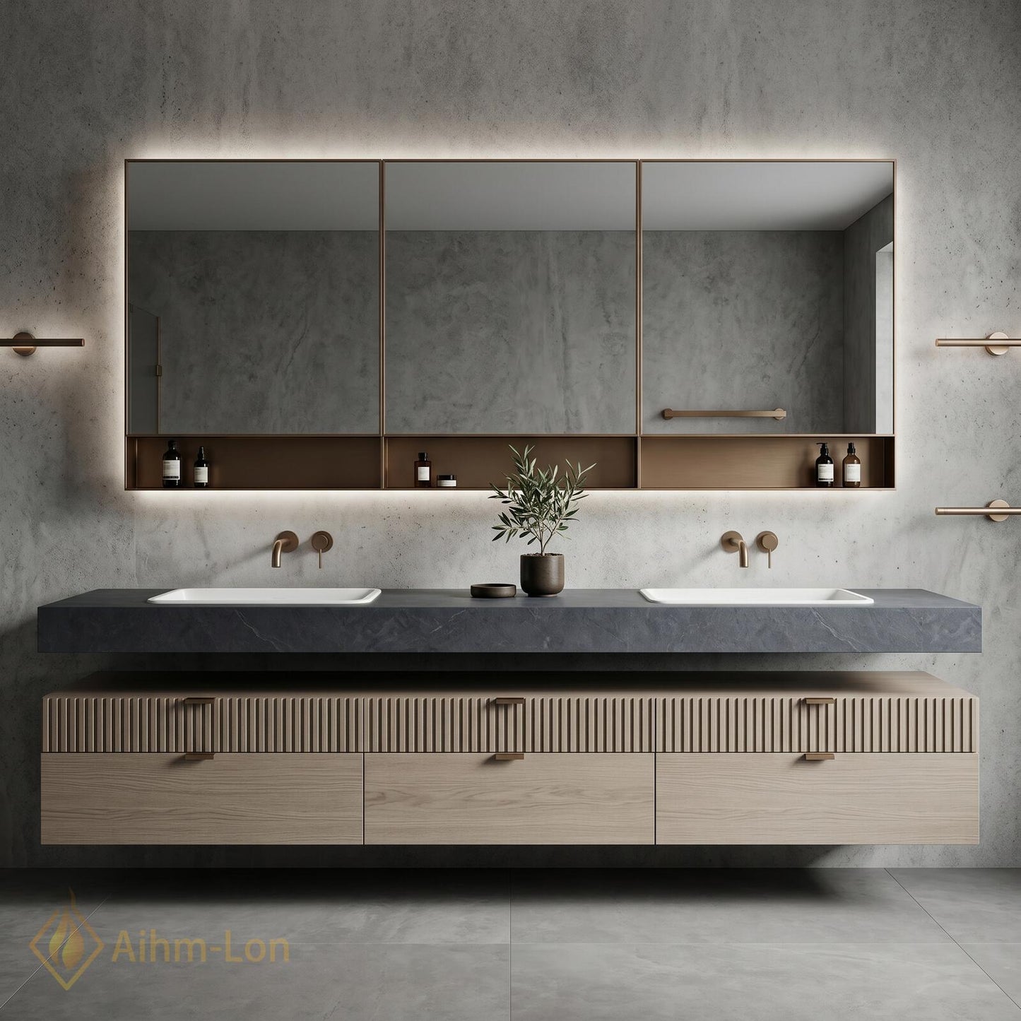 70''-96'' Floating Double Bathroom Vanity with Sink Raked Panel Light Oak Finish
