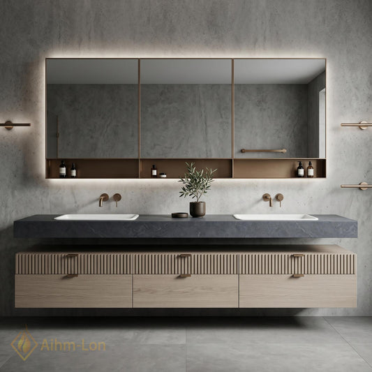 70''-96'' Floating Double Bathroom Vanity with Sink Raked Panel Light Oak Finish