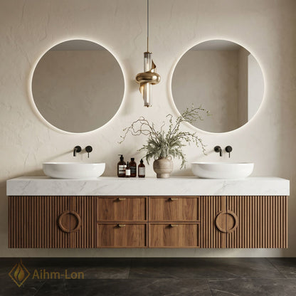 78''-96'' Double Bathroom Vanity with Sink White-Marble White Modern Vanities Grooved Wood
