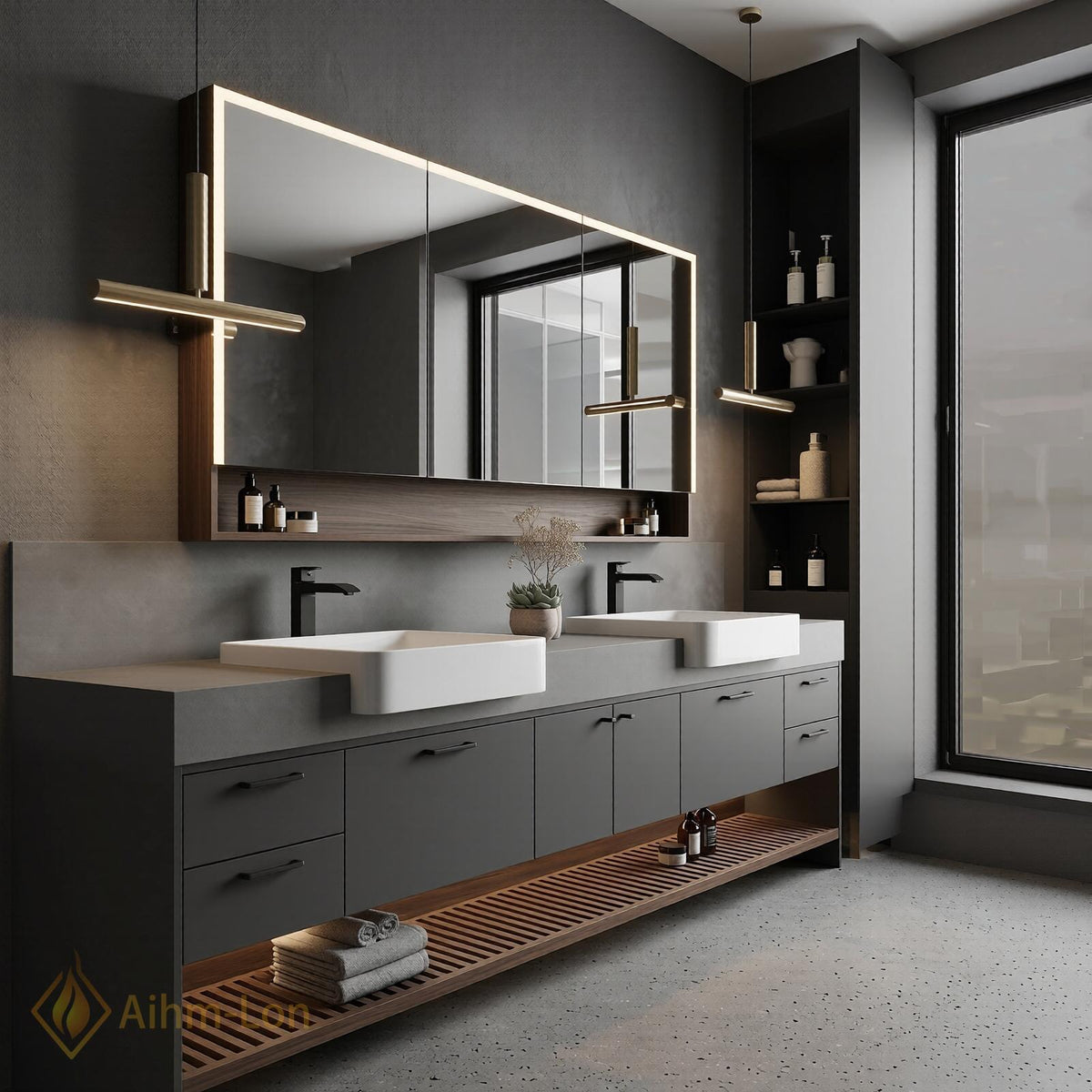 60''-96'' Double Bathroom Vanity with Sink Modern Floating Basin Dark Gray Matte