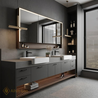 60''-96'' Double Bathroom Vanity with Sink Modern Floating Basin Dark Gray Matte