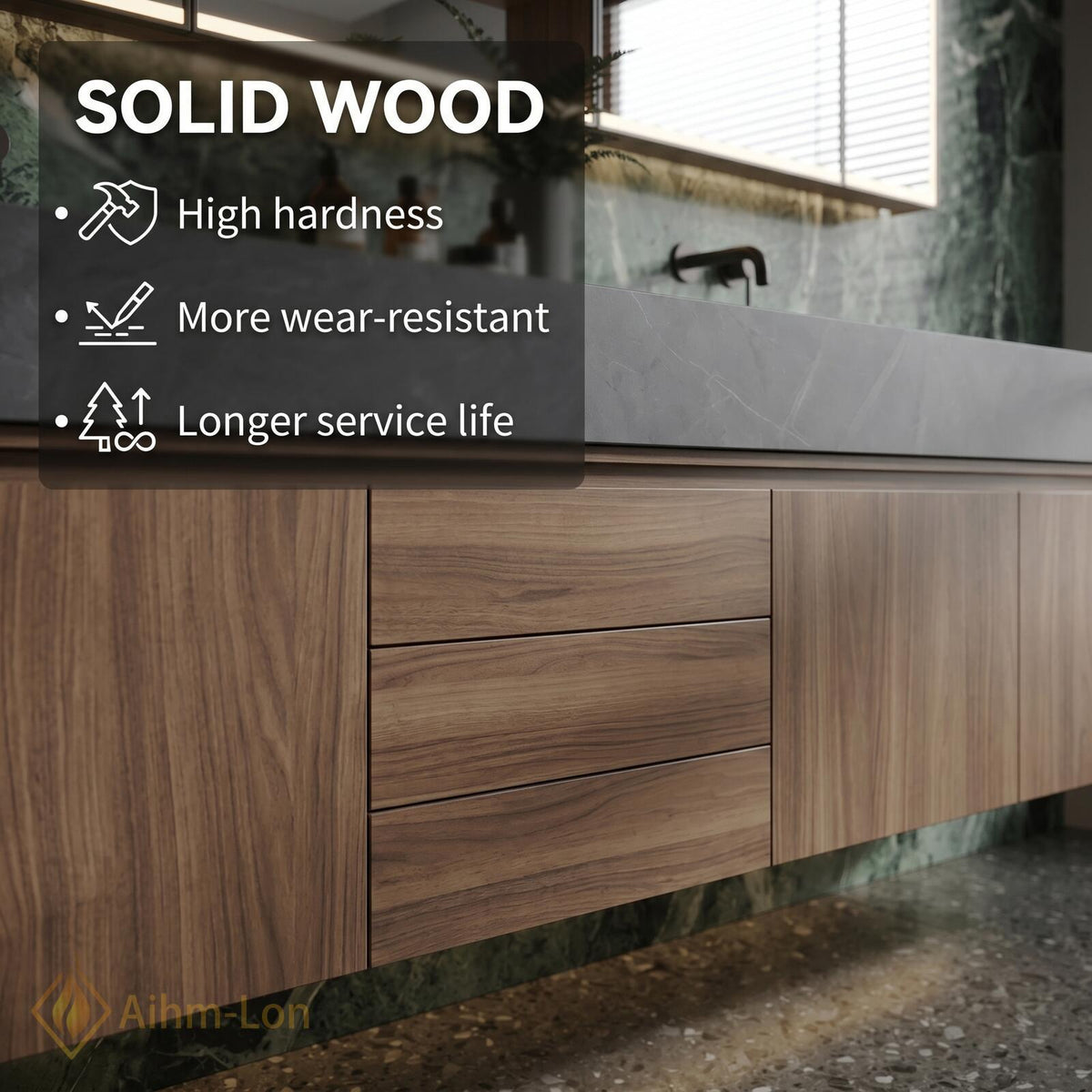 60''-96'' Double Bathroom Vanity with Sink Modern Floating Dark Stone Top Wood