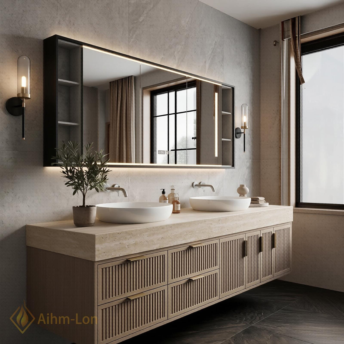 60''-96'' Double Bathroom Vanity with Sink Modern Floating Slatted Panel Wide Stone