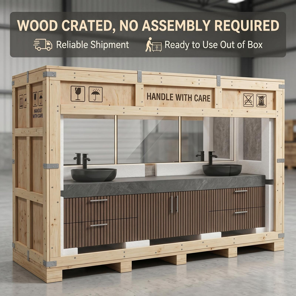 60''-96'' Double Bathroom Vanity with Sink Modern Floating Dark Stone Top Vertical Slats