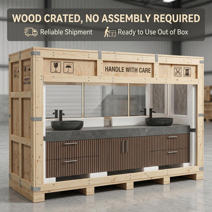 60''-96'' Double Bathroom Vanity with Sink Modern Floating Dark Stone Top Vertical Slats