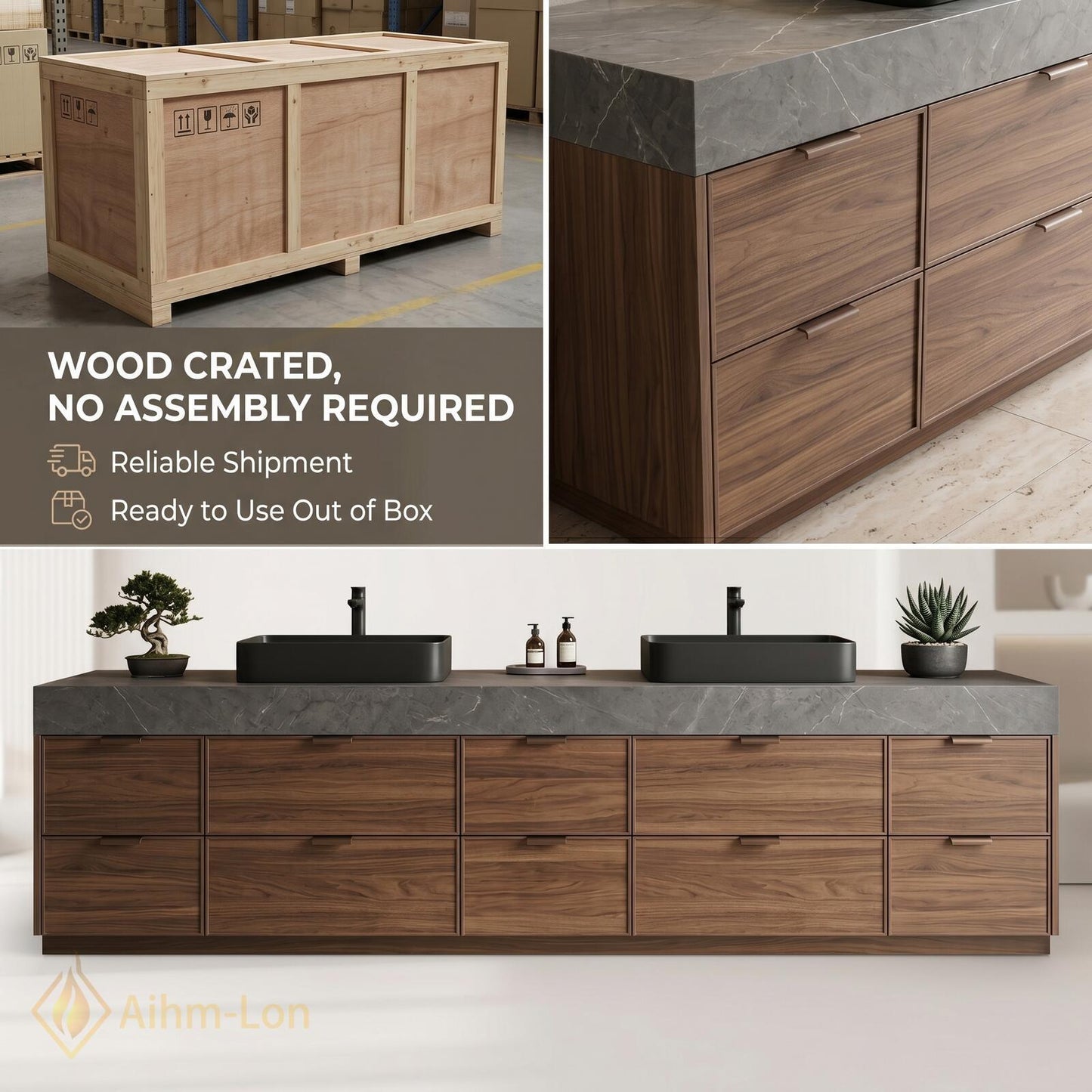 60''-96'' Double Bathroom Vanity with Sink Dark-Wood Modern Basins Vessel Wide