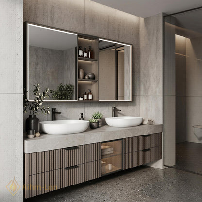 60''-96'' Double Bathroom Vanity with Sink Slatted Panels Glass Center Door Open