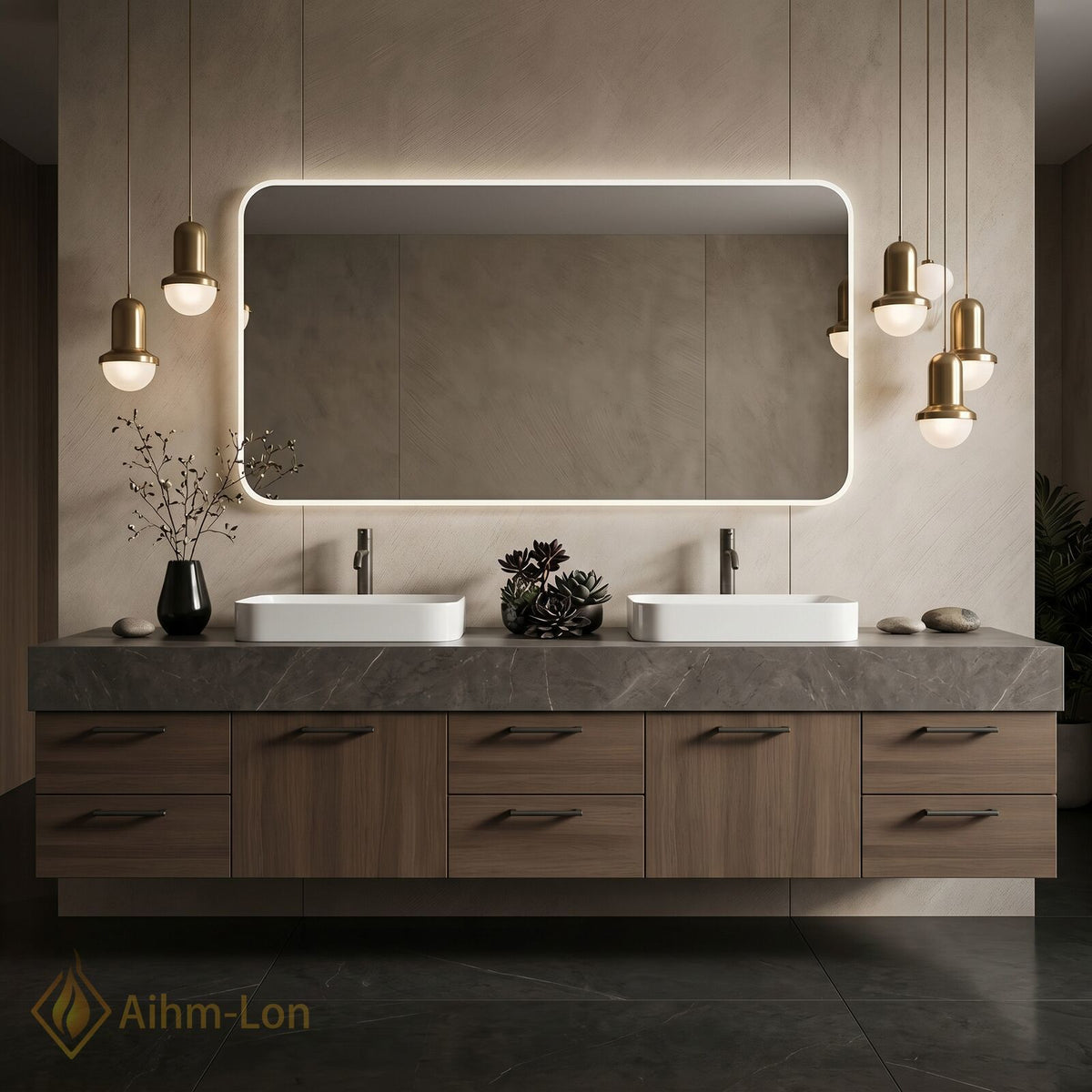 76''-96'' Double Bathroom Vanity with Sink Dark Grey Marble Top Drawer Storage