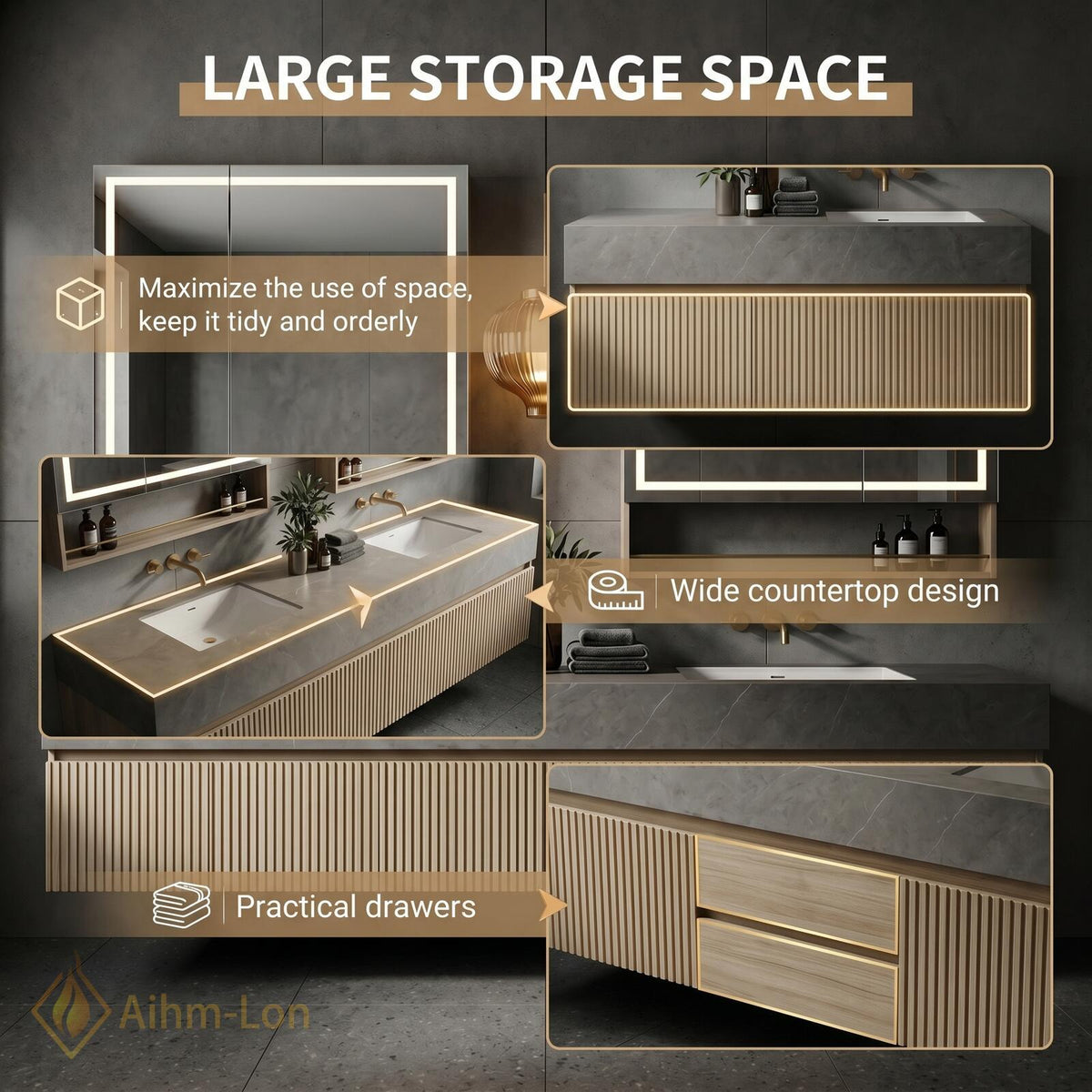 60''-96'' Double Bathroom Vanity with Sink Ribbed Panel Warm Wood Finish Open Shelving