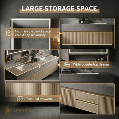 60''-96'' Double Bathroom Vanity with Sink Ribbed Panel Warm Wood Finish Open Shelving