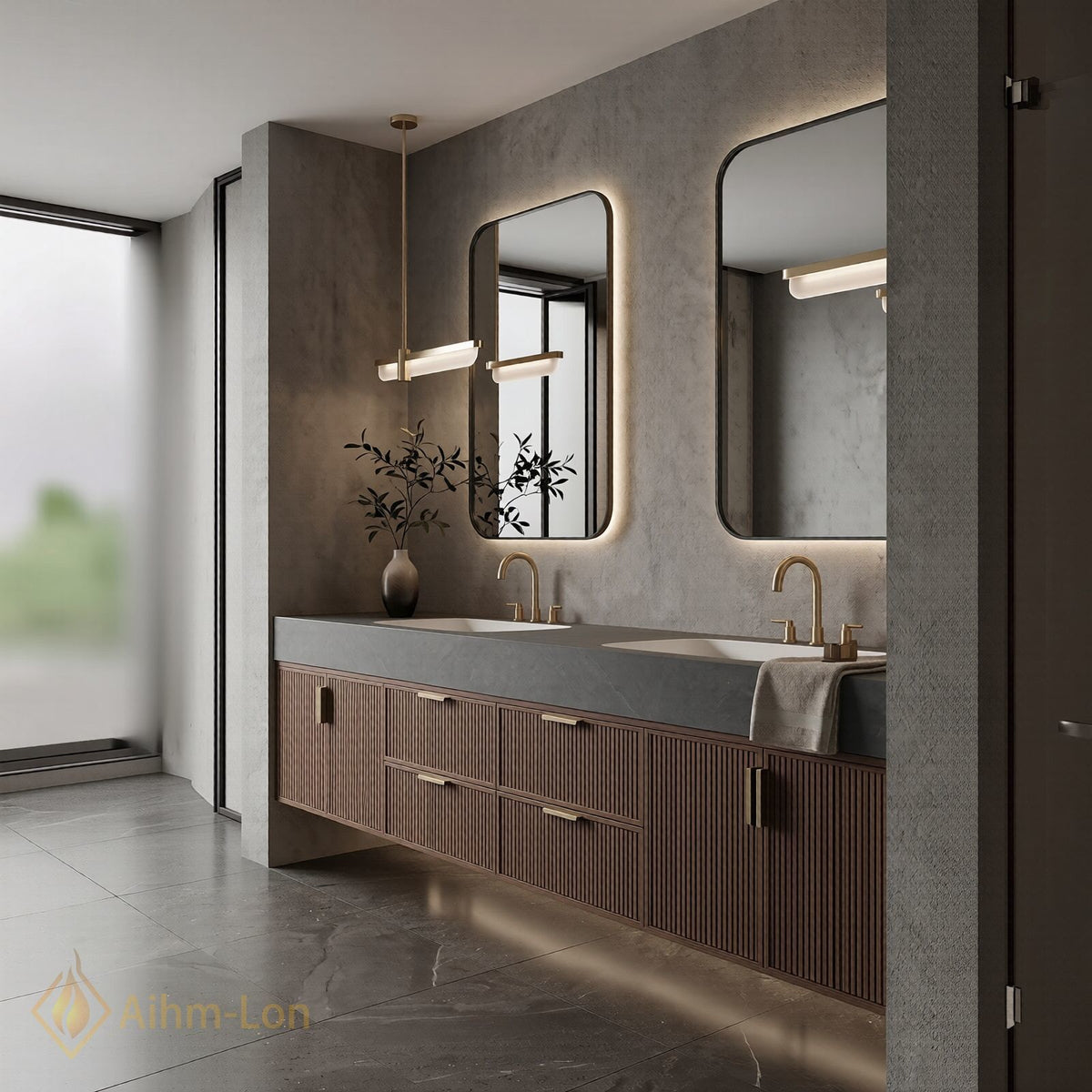 60''-96'' Double Bathroom Vanity with Sink Slatted Side Panels Deep Brown Tone