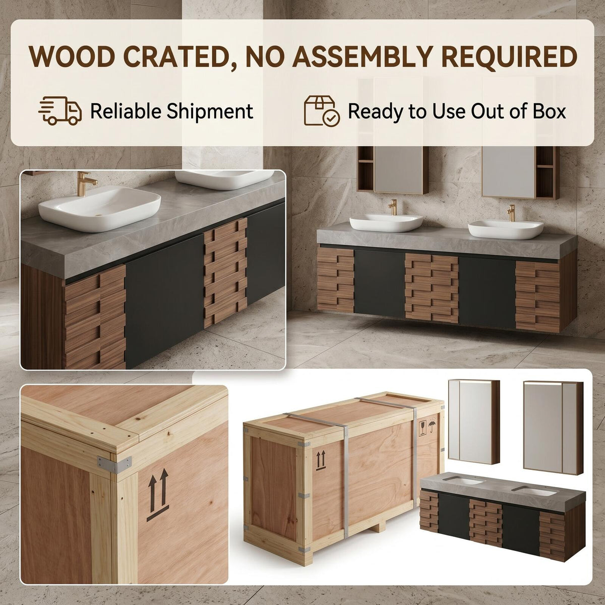 60''-96'' Double Bathroom Vanity with Sink Modern Floating Geometric Drawer Solid Wood Grain