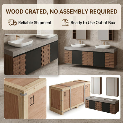 60''-96'' Double Bathroom Vanity with Sink Modern Floating Geometric Drawer Solid Wood Grain