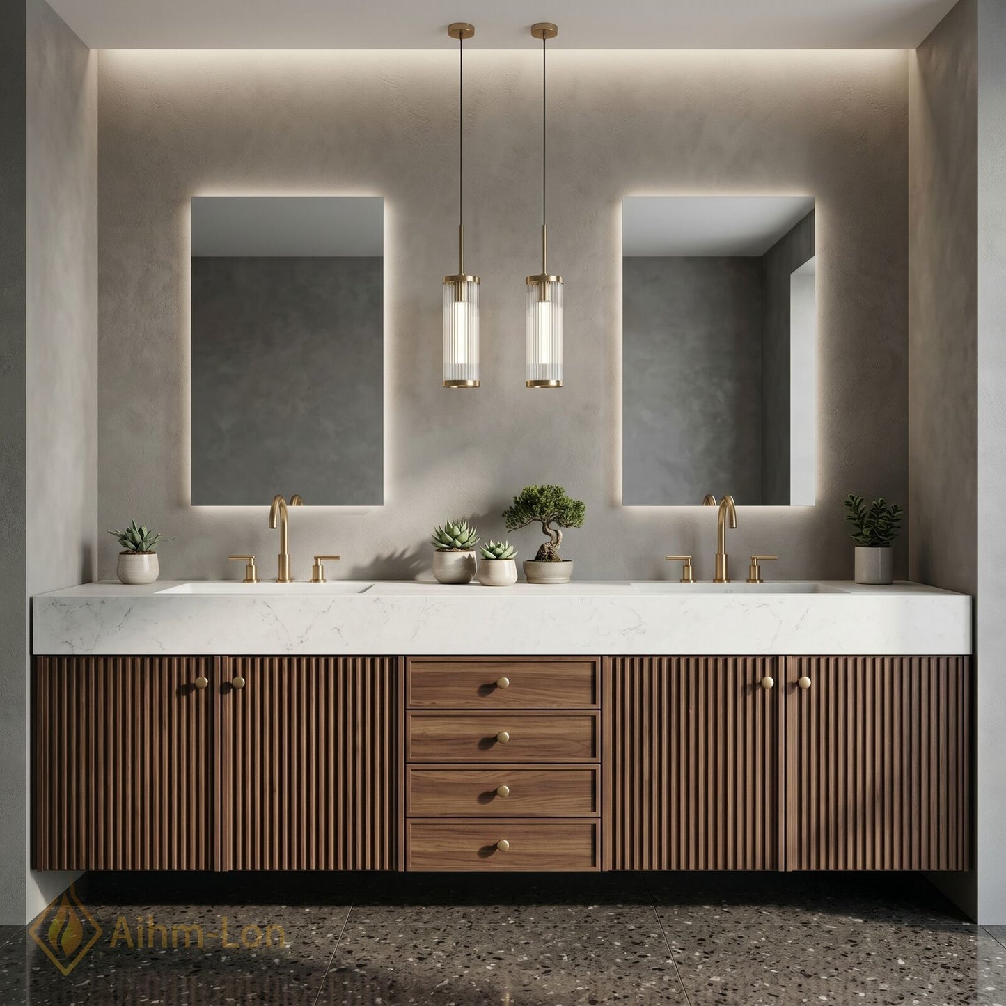 60''-96'' Double Bathroom Vanity with Sink White-Marble White Floating Modern Ribbed Wood