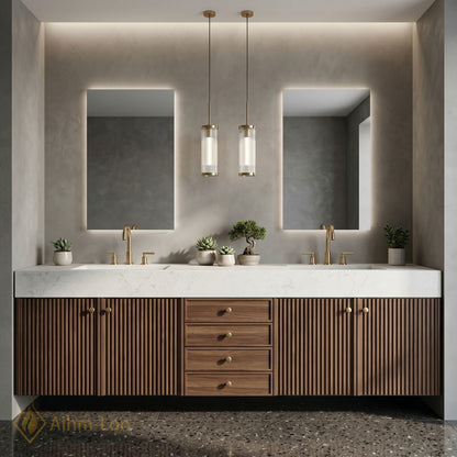60''-96'' Double Bathroom Vanity with Sink White-Marble White Floating Modern Ribbed Wood