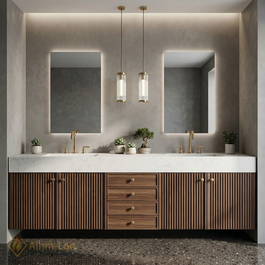 60''-96'' Double Bathroom Vanity with Sink White-Marble White Floating Modern Ribbed Wood