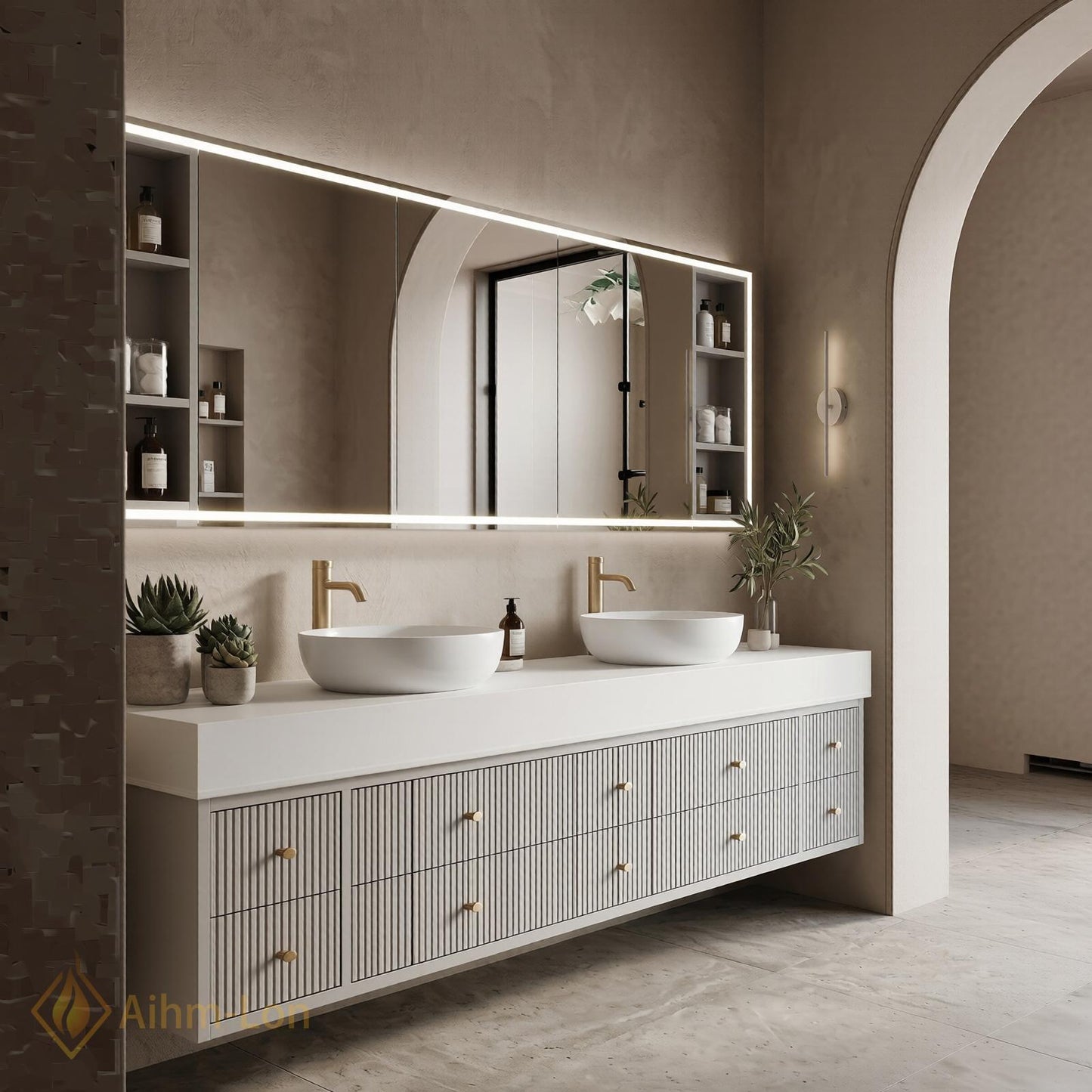70''-96'' Double Bathroom Vanity with Sink Modern Floating Ribbed Drawers White Finish