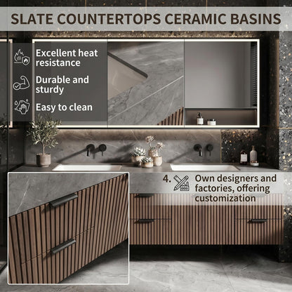 70''-96'' Modern Bathroom Vanity with Sink Double Sink Grey Marble Slatted Wood Cabinet