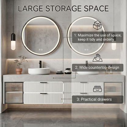 60''-96'' Modern Bathroom Vanity with Sink Double Sink Ribbed Panels Textured Stone Glass Cabinet