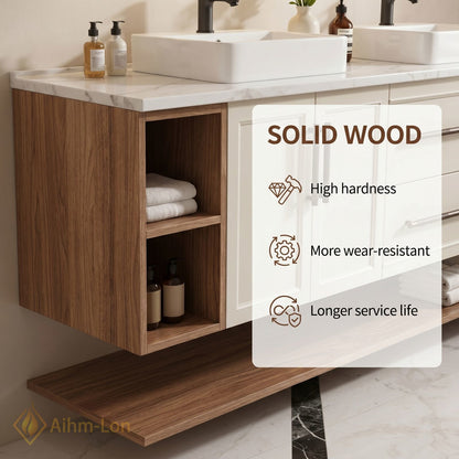 72''-96'' Floating Bathroom Vanity with Sink Triple Bowl Basin Marble Textured Top