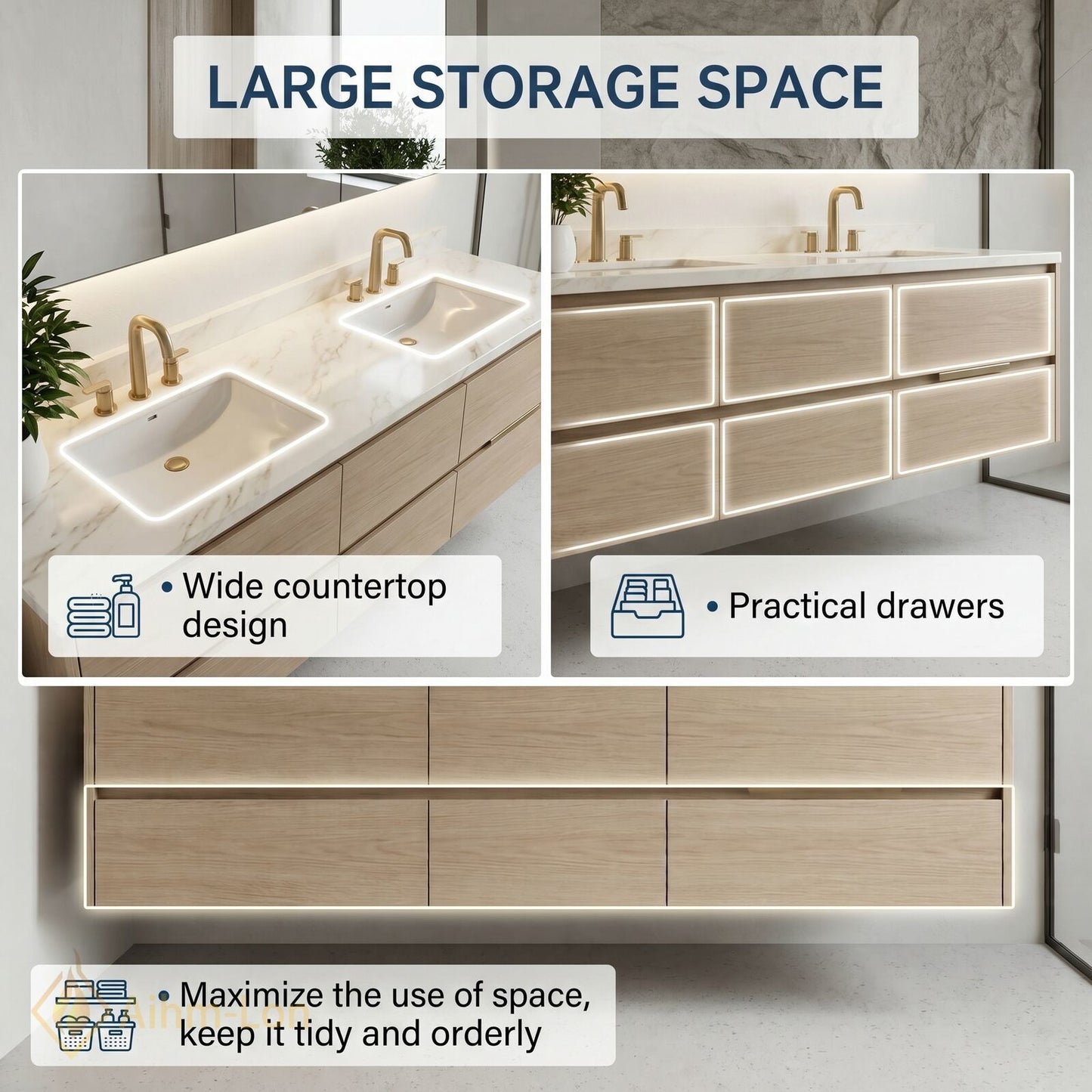 60''-96'' Modern Bathroom Vanity with Sink Floating Marble Texture Anti-Fog Drawers