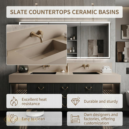 60''-96'' Double Bathroom Vanity with Sink Modern Fluted Drawer Fronts Warm Taupe Countertop