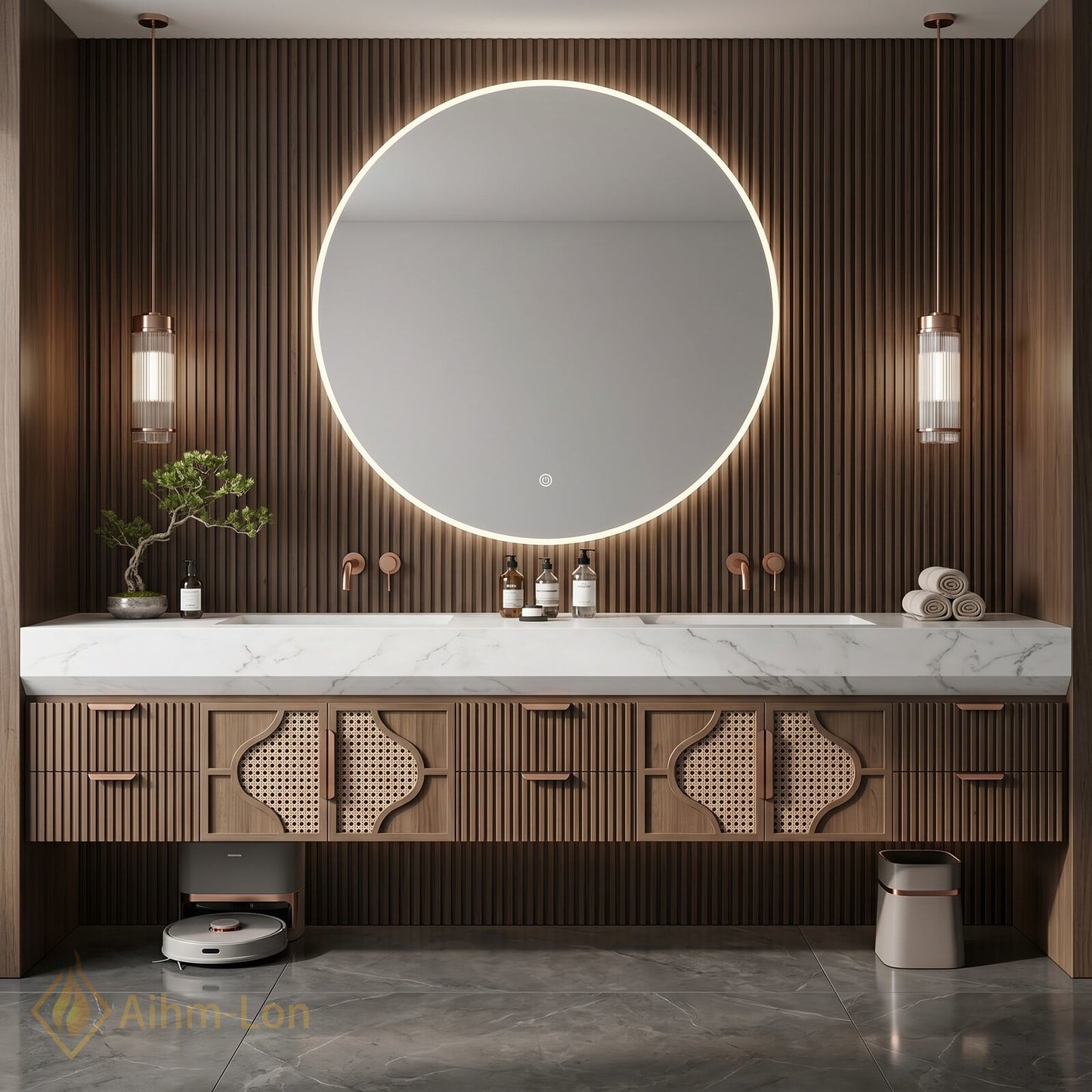76''-96'' Double Bathroom Vanity with Sink Open Weave Panels Wood Grain Finish