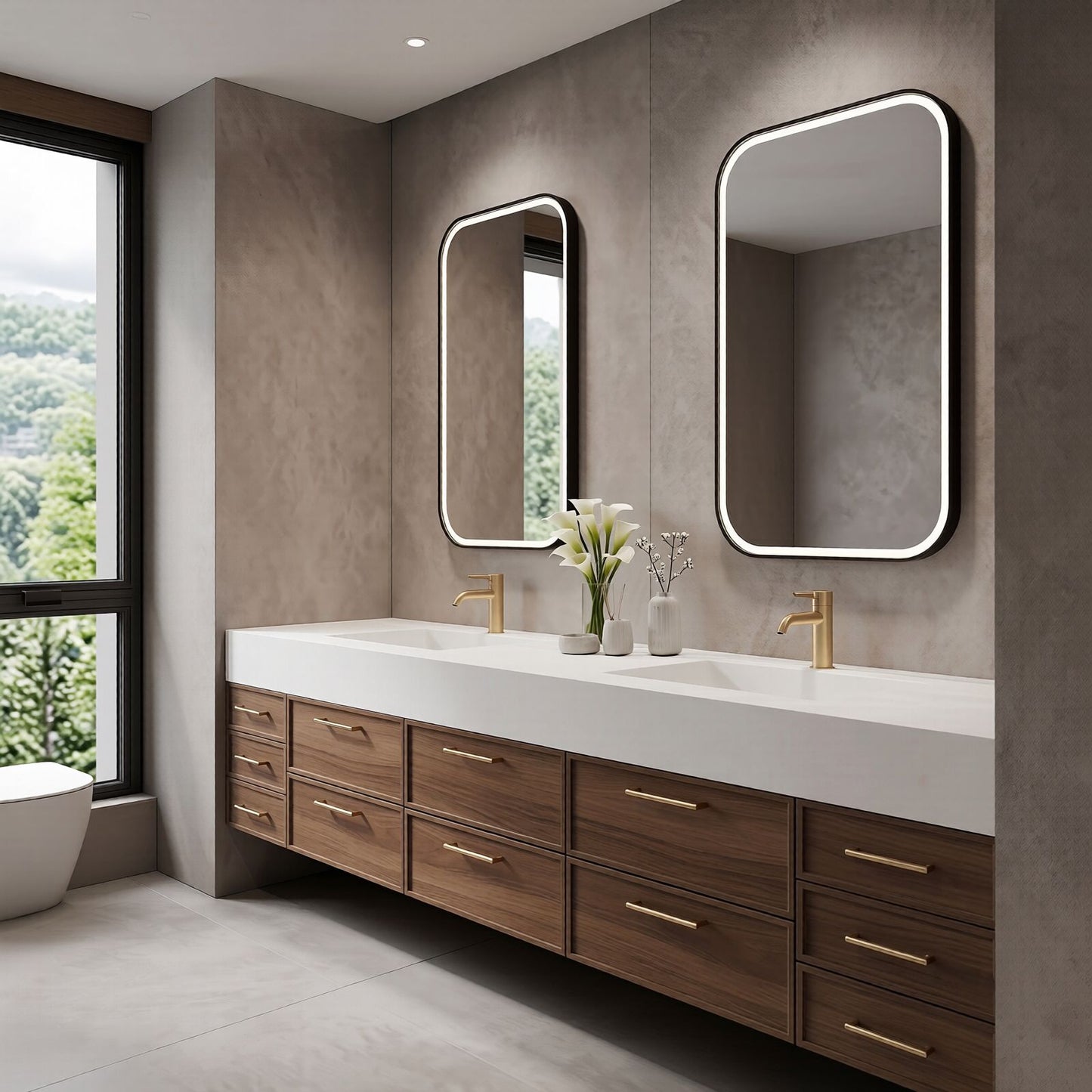 76''-96'' Modern Bathroom Vanity with Sink Floating Drawers Gold Hardware Dual Mirrors