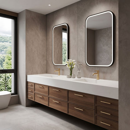 76''-96'' Modern Bathroom Vanity with Sink Floating Drawers Gold Hardware Dual Mirrors