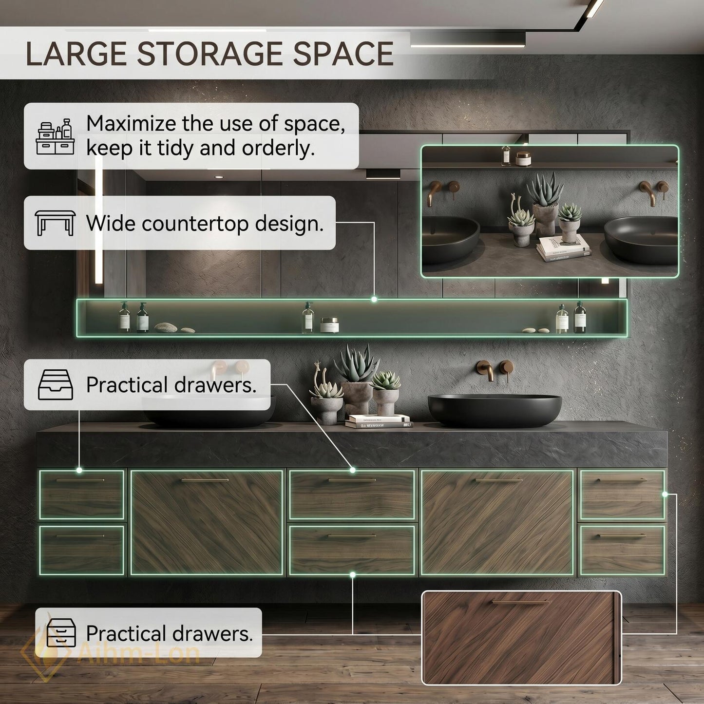 70''-96'' Double Bathroom Vanity with Sink Modern Floating Dark Stone Wood Storage