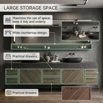 70''-96'' Double Bathroom Vanity with Sink Modern Floating Dark Stone Wood Storage