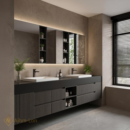 60''-96'' Modern Double Bathroom Vanity with Sink Floating Dark Matte Vertical Slats