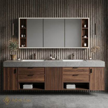 70''-96'' Bathroom Vanity with Sink Sleek Floating Slatted Center Rich Walnut Finish