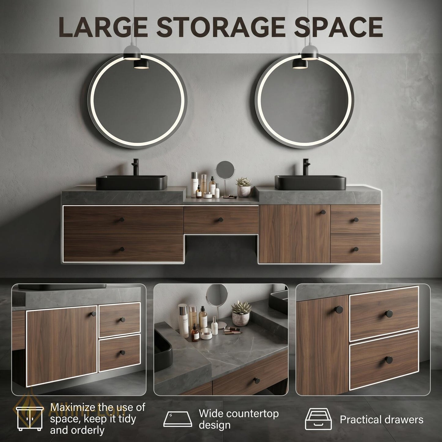 60''-96'' Double Bathroom Vanity with Sink Dark-Wood Modern Floating Grain Slatted