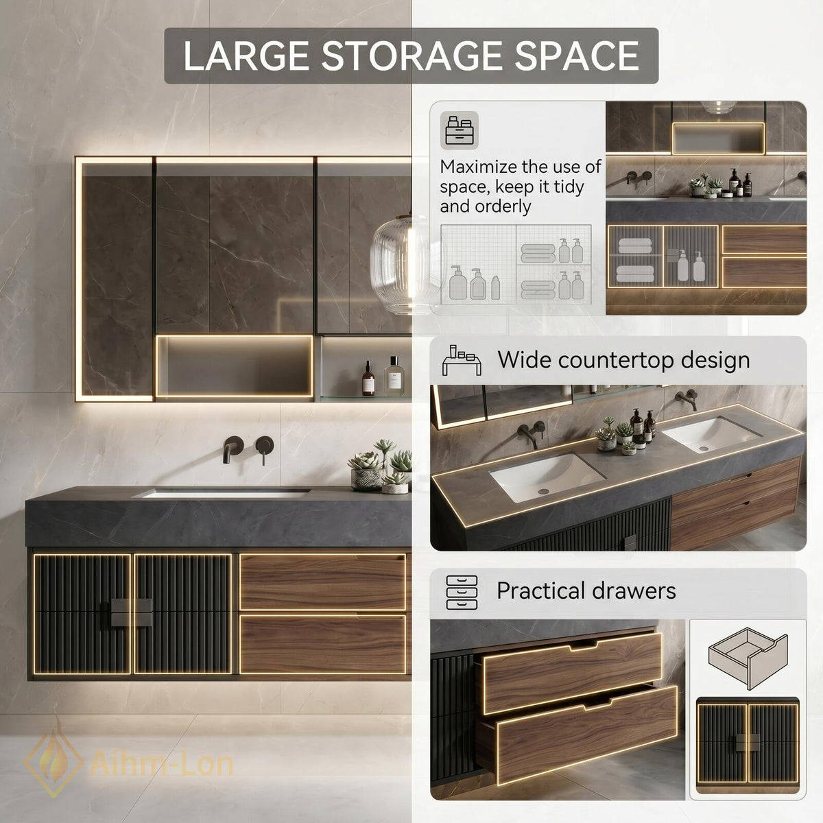 60''-96'' Double Bathroom Vanity with Sink Modern Floating Ribbed Black Doors Warm