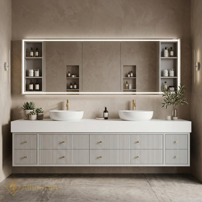 70''-96'' Double Bathroom Vanity with Sink Modern Floating Ribbed Drawers White Finish