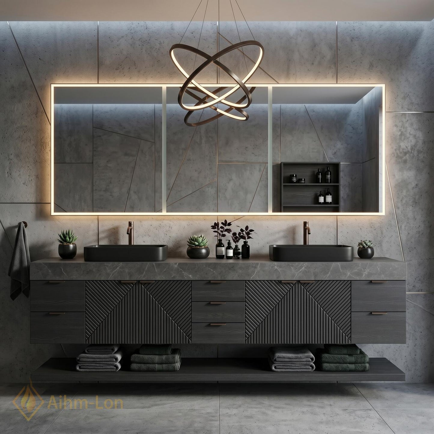 78''-96'' Modern Floating Bathroom Vanity with Sink Geometric Facades Dark Grey Finish