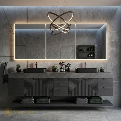 78''-96'' Modern Floating Bathroom Vanity with Sink Geometric Facades Dark Grey Finish